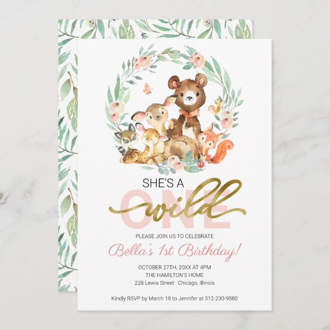Woodland Animals She's A Wild One First Birthday Invitation (Front/Back)