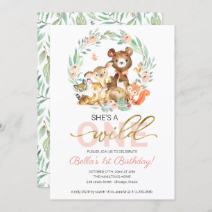 Woodland Animals She's A Wild One First Birthday Invitation