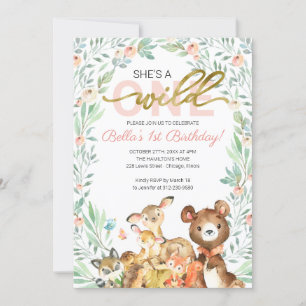 Woodland Animals She's A Wild One First Birthday Invitation