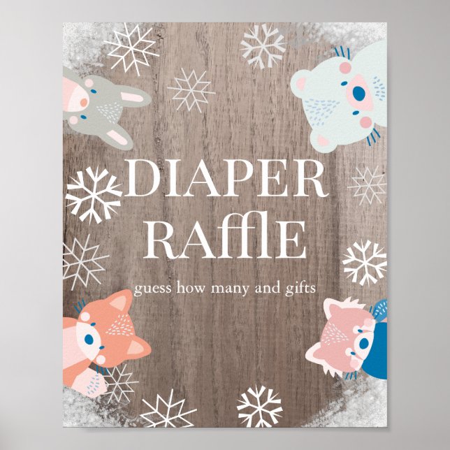 Woodland Animals Snow Baby Shower Diaper Raffle Poster (Front)