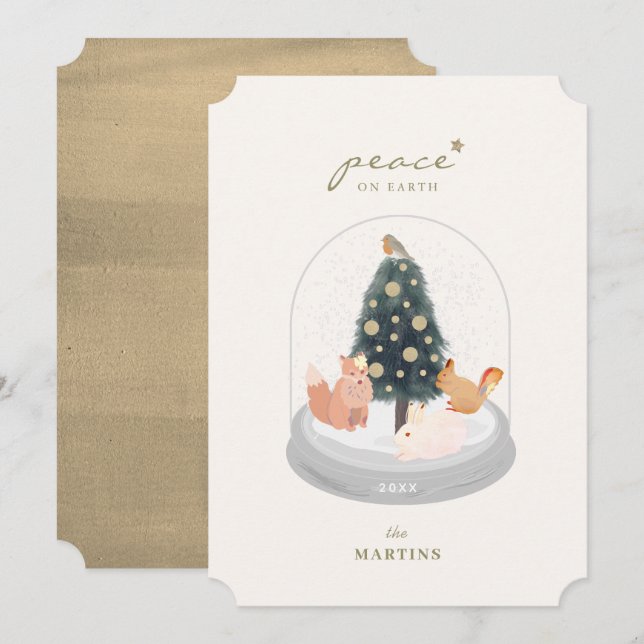 Woodland Animals Snow Globe Gold Christmas Card (Front/Back)