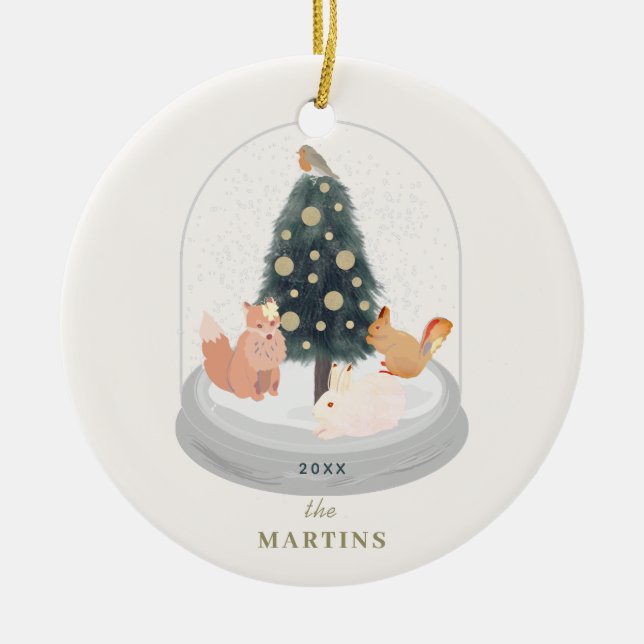 Woodland Animals Snow Globe White Holiday Photo Ceramic Tree Decoration (Front)