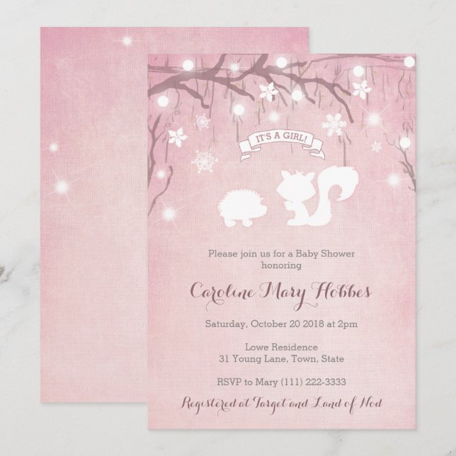 Woodland Animals Snow Scene Baby Shower for Girl Invitation (Front/Back)