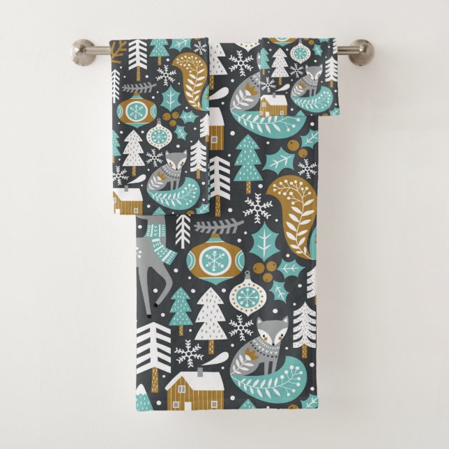 Woodland Animals Snowflakes Scandinavian Christmas Bath Towel Set (Insitu)