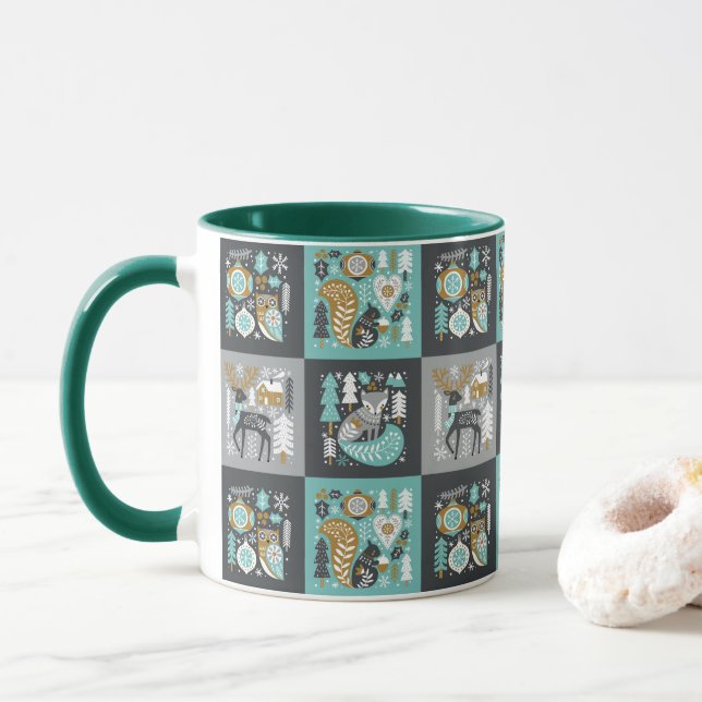 Woodland Animals Snowflakes Scandinavian Christmas Mug (With Donut)