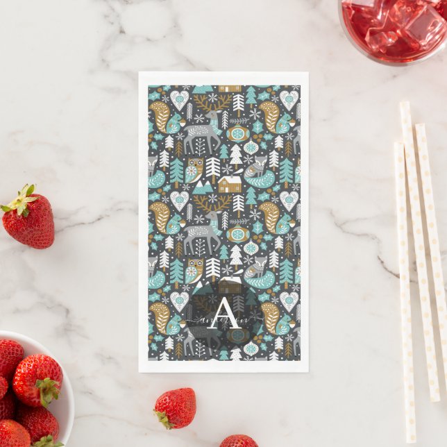 Woodland Animals Snowflakes Scandinavian Christmas Napkin (Insitu)