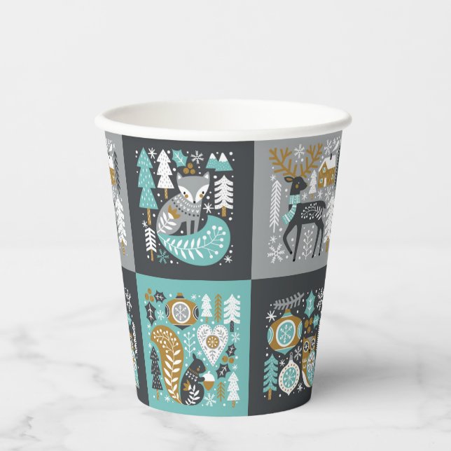 Woodland Animals Snowflakes Scandinavian Christmas Paper Cups (Front)