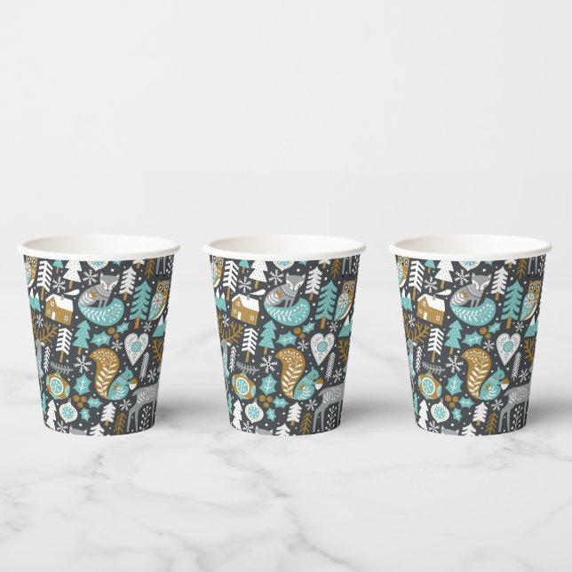 Woodland Animals Snowflakes Scandinavian Christmas Paper Cups (Multi)