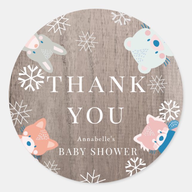 Woodland Animals Snowflakes Wood Baby Shower Classic Round Sticker (Front)