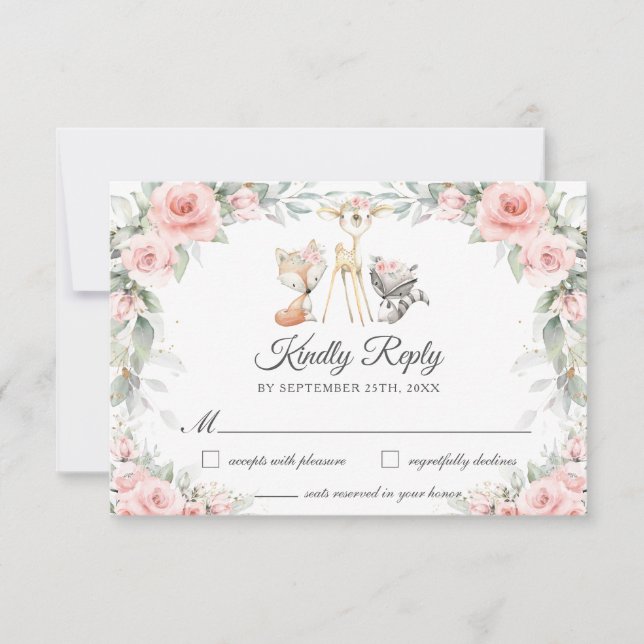 Woodland Animals Soft Blush Pink Flowers Greenery  RSVP Card (Front)