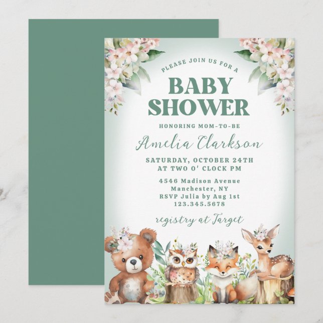 Woodland Animals Soft Green & Floral Baby Shower Invitation (Front/Back)