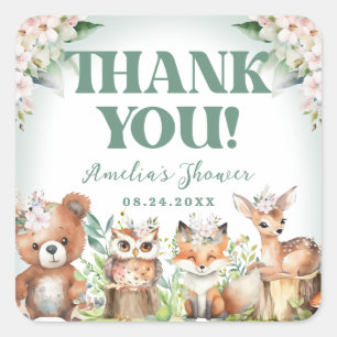 Woodland Animals Soft Green & Floral Baby Shower Square Sticker