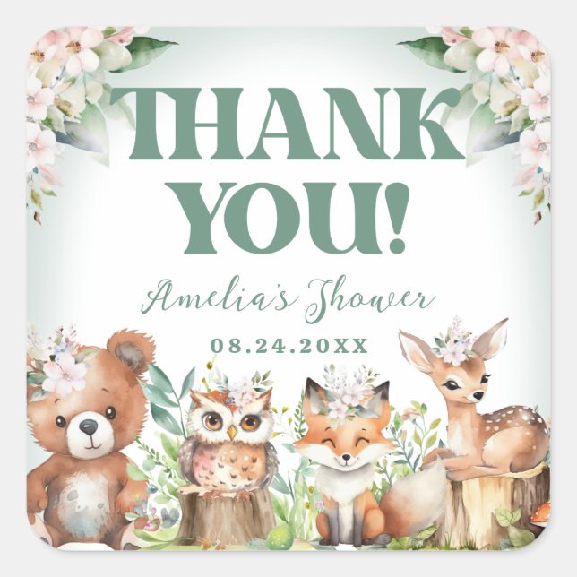 Woodland Animals Soft Green & Floral Baby Shower Square Sticker (Front)