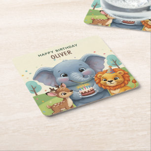 Woodland Animals Storybook Birthday Square Paper Coaster