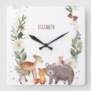 Woodland Animals Stripes Square Wall Clock