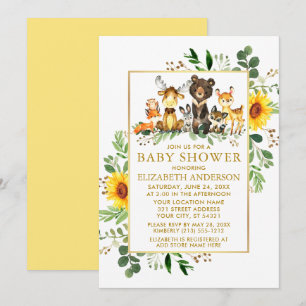 Woodland Animals Sunflowers Gold Baby Shower Invitation
