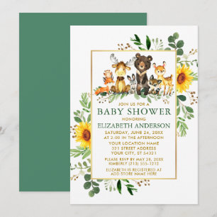Woodland Animals Sunflowers Green Gold Baby Shower Invitation