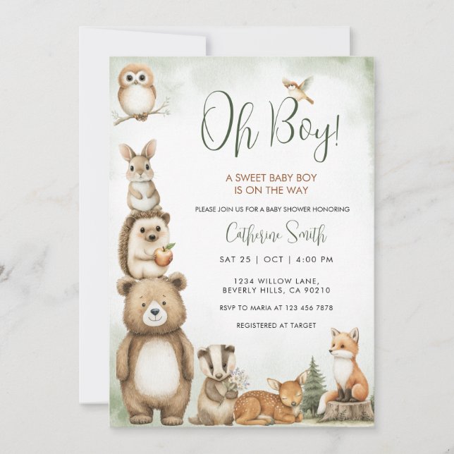  Woodland Animals Sweet Baby Boy Baby Shower Invitation (Front)