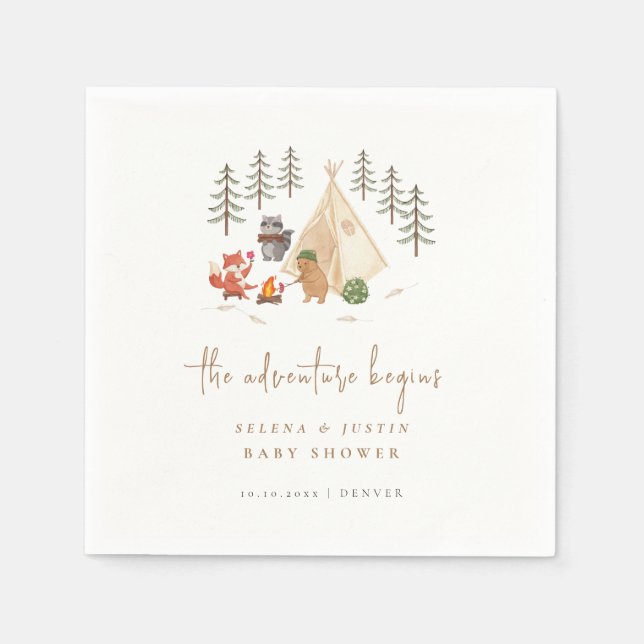Woodland Animals The Adventure Begins Baby Shower Napkin (Front)