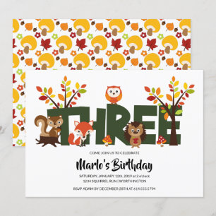 Woodland Animal's Third Birthday Party Invitation