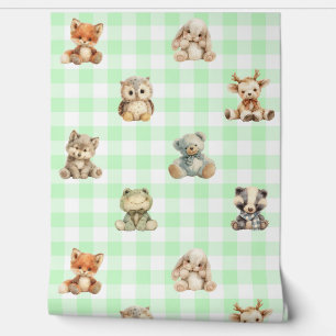 Woodland Animals Toys Green Plaid Baby Nursery Wallpaper