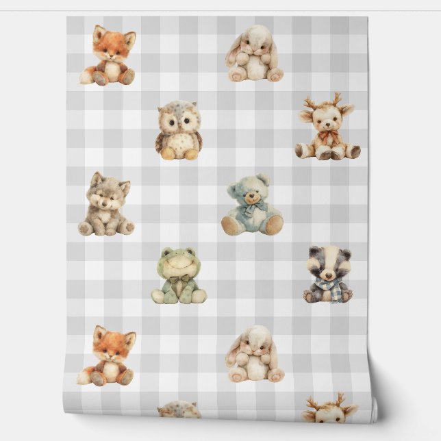 Woodland Animals Toys Grey Plaid Baby Boy Nursery Wallpaper (Unrolling)