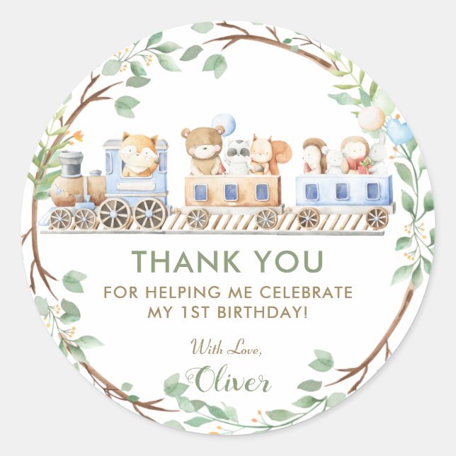 Woodland Animals Train Greenery Thank You Favour   Classic Round Sticker (Front)