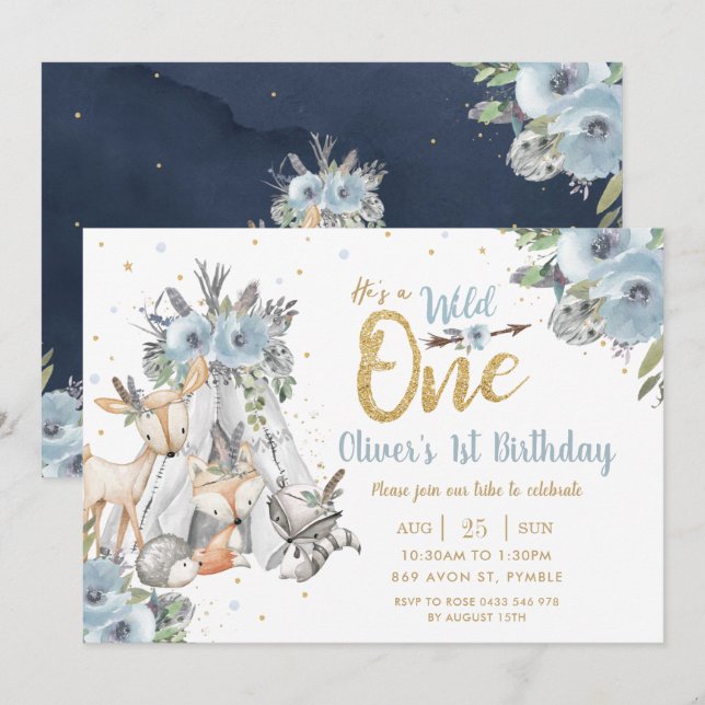 Woodland Animals Tribal Blue Wild One 1st Birthday Invitation (Front/Back)