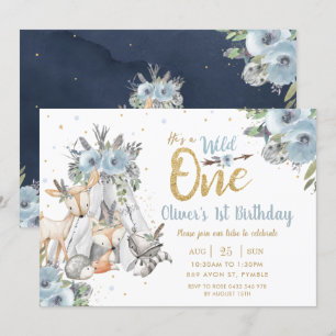 Woodland Animals Tribal Blue Wild One 1st Birthday Invitation