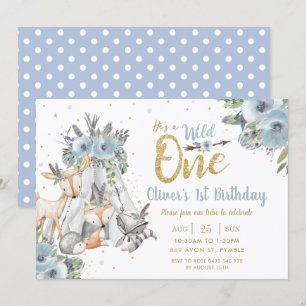 Woodland Animals Tribal Blue Wild One 1st Birthday Invitation