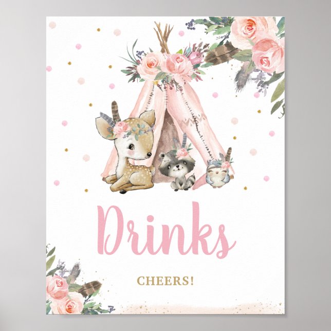 Woodland Animals Tribal Boho Floral Drinks Cheers Poster (Front)
