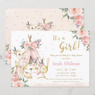 Woodland Animals Tribal It's a Girl Baby Shower Invitation