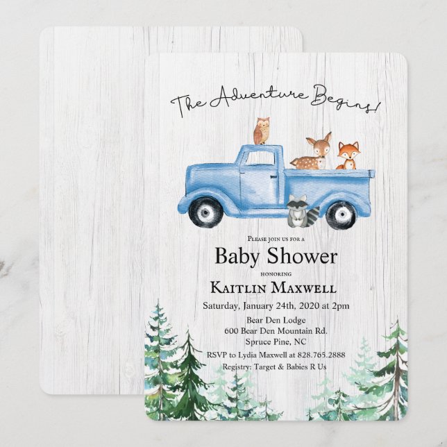 Woodland Animals Truck Baby Shower Invitation (Front/Back)