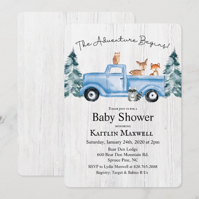 Woodland Animals Truck Baby Shower Invitation (Front/Back)