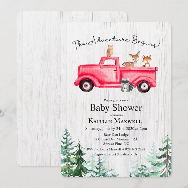 Woodland Animals Truck Baby Shower Invitation (Front/Back)