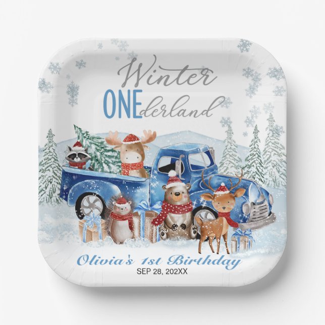 Woodland Animals Truck ONEderland 1st Birthday Paper Plate (Front)