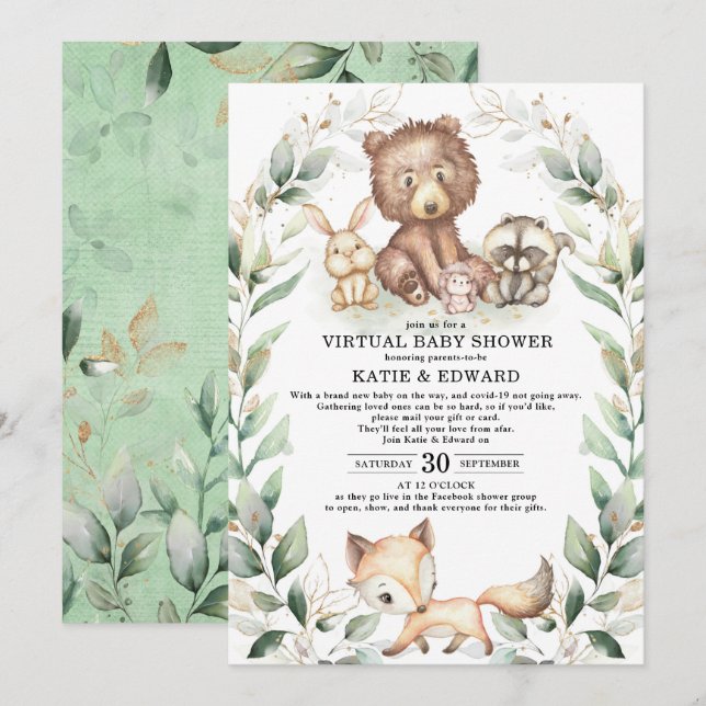 Woodland Animals Virtual Baby Shower Greenery Gold Invitation (Front/Back)