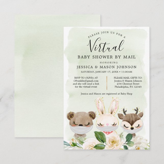 Woodland Animals Virtual Baby Shower Invites Green (Front/Back)