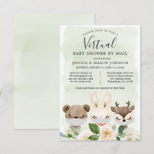 Woodland Animals Virtual Baby Shower Invites Green