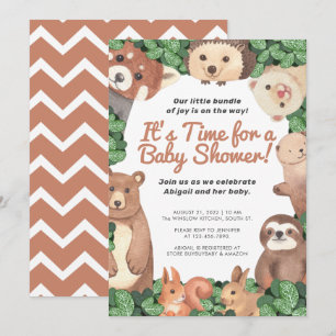 Woodland Animals /w bear & sloth Brown Baby Shower Invitation