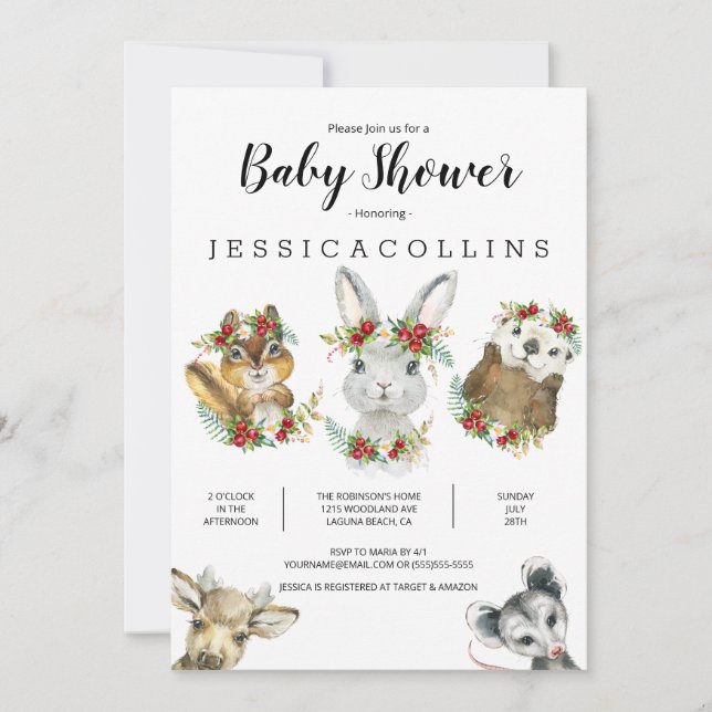 Woodland Animals Watercolor Baby Shower Invitation (Front)