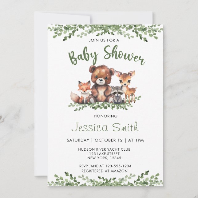 WOODLAND ANIMALS WATERCOLOR BABY SHOWER INVITATION (Front)