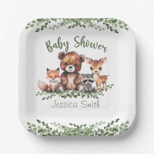 WOODLAND ANIMALS WATERCOLOR BABY SHOWER PAPER PLATE (Front)