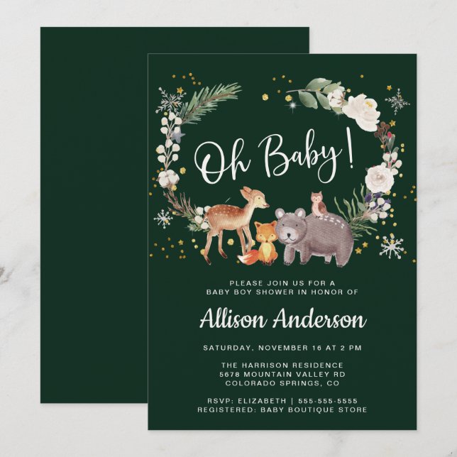Woodland Animals Watercolor Winter Baby Shower Invitation (Front/Back)