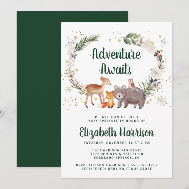 Woodland Animals Watercolor Winter Baby Sprinkle Invitation (Front/Back)