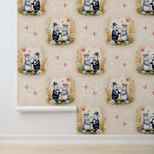 Woodland Animals Wedding Love Mice Floral Wallpaper