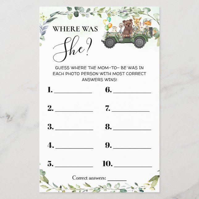 Woodland Animals Where was Mom Shower Game Card (Front)