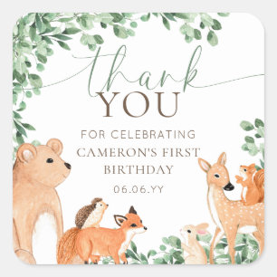 Woodland Animals White Birthday Favour Square Sticker