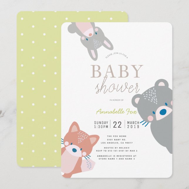 Woodland Animals White Gender Neutral Baby Shower Invitation (Front/Back)