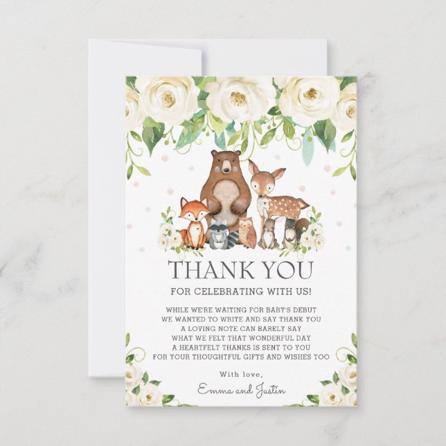 Woodland Animals White Ivory Floral Baby Shower Thank You Card (Front)